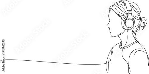 continuous line drawing of woman wearing over-ear headphones listening to music or podcast, line art vector illustration