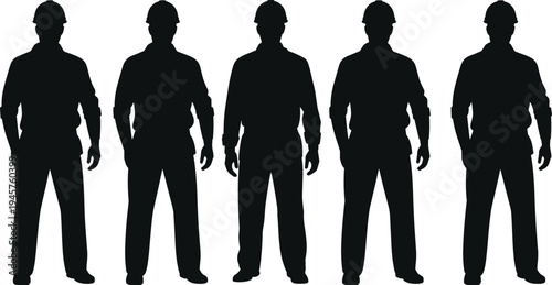 Construction worker silhouettes lineup, professional builders wearing safety helmets and work uniforms, industrial labor workforce concept, engineering construction team vector illustration