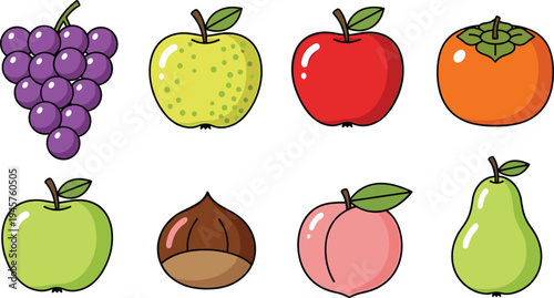 Cute fruit collection with apple, grapes, pear, peach, persimmon and chestnut, colorful hand drawn food vector illustration set