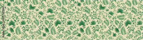Seamless pattern of green tropical leaves on cream background with flat design with surface design with hand drawn