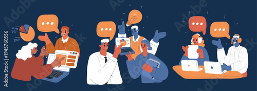 Cartoon vector illustration of three business scenes: managers interacting with clients, teams discussing charts and ideas, symbolizing strategy, collaboration, and business growth