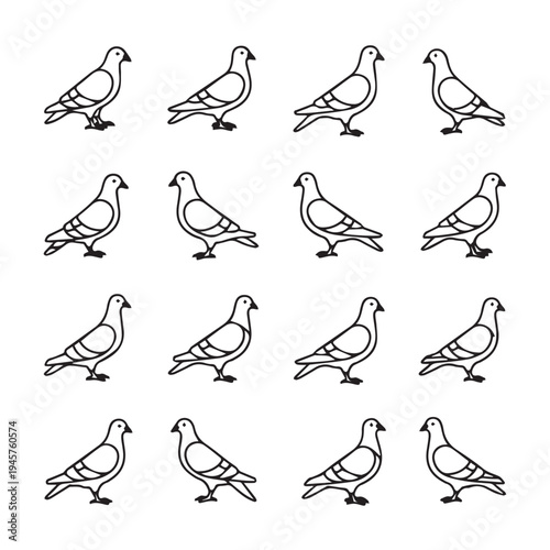 Pigeons Standing and Facing Different Directions Simple Line Art Pattern