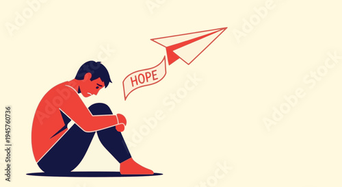Depressed Man Sitting Alone with Paper Plane Carrying Hope Message, Mental Health Support and Recovery Concept