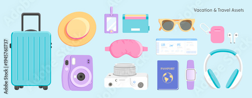 Aesthetic Pastel Travel Essentials and Vacation Blogger Equipment Set