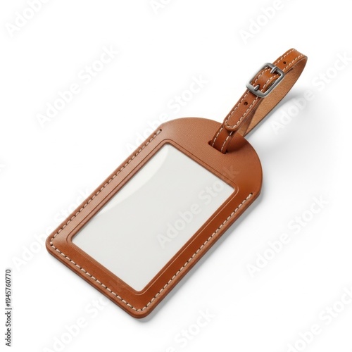 Brown leather luggage tag with white label and silver buckle