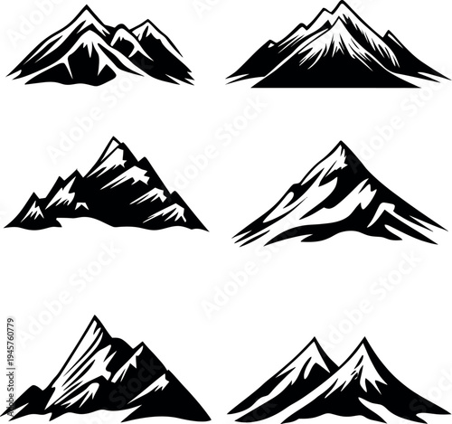 Mountain Silhouette Vector Set - Black and White Peak Icons for Outdoor Adventure and Logo Design