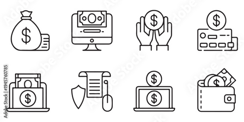 Set of Financial Service Icons Including Online Payments, Secure Banking, Money Management, and Digital Wallets