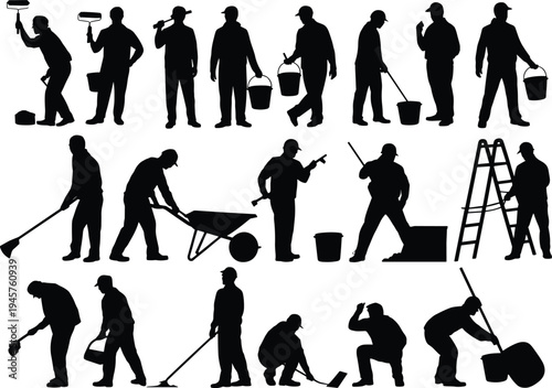Construction worker silhouettes set, painters and builders with tools and buckets, industrial maintenance labor concept, professional handyman workforce vector illustration