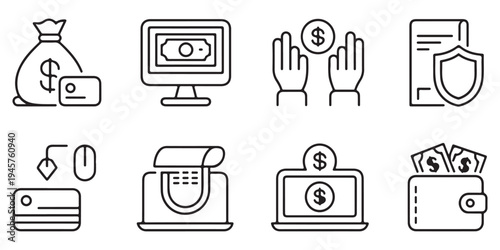 Financial and Banking Icon Set Featuring Money Bag, Digital Payment, Online Banking, and Secure Transactions