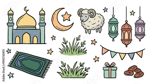 Celebratory Islamic Festive Decorations with Mosques and Cultural Motifs in Elegant Pastel Colors