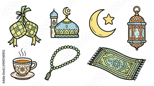 Collection of Middle Eastern and Islamic Cultural Symbols Including Mosque, Lantern, and Prayer Rug