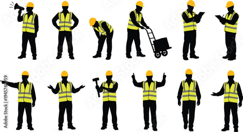 Construction worker silhouettes set, builders wearing safety helmets and reflective vests, industrial labor team performing different tasks vector illustration