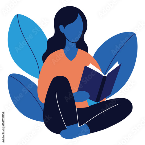 Woman reading book with large leaves, intellectual pursuit and knowledge gain