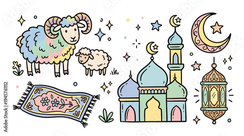Whimsical celestial scene featuring playful sheep, detailed mosque, and luminous stars creating a dreamy nighttime atmosphere
