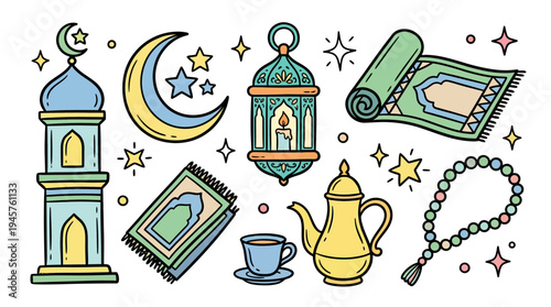 Charming Islamic Night Scene with Lanterns, Prayer Beads, and Architectural Elements