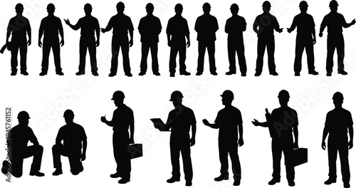 Construction worker silhouettes set, professional builders with helmets and tools in different poses, industrial labor workforce concept, engineering construction team vector illustration