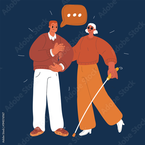 Cartoon vector illustration of a man guiding a visually impaired person gently, symbolizing care, support, and assistance
