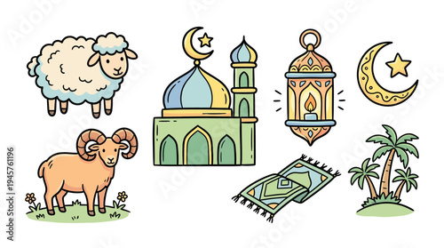 Whimsical collection of countryside and spiritual elements with animals and architectural motifs