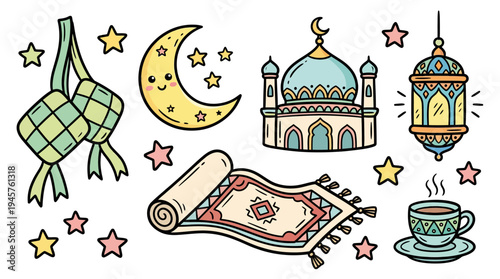 Colorful Islamic-themed doodle with crescent moon, mosque, lantern, and tea cup