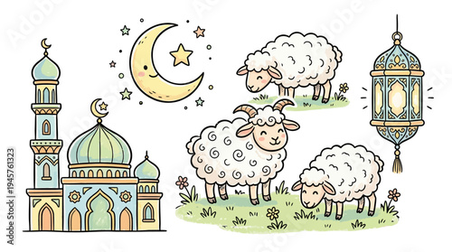 Whimsical night scene featuring a mosque, crescent moon, stars, and playful sheep in a serene landscape