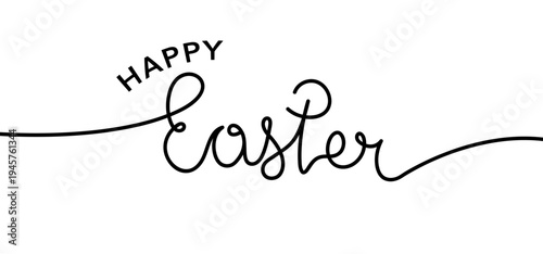 Happy Easter hand lettering typography, black text with curved heading decorative isolated on white background, Easter holiday for cards and banners, spring Easter greeting design, vector illustration