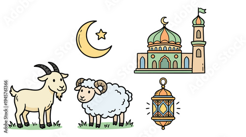 Whimsical Nighttime Scene Featuring Friendly Gossamer-Goat and Sheep with Crescent Moon and Traditional Islamic Architecture