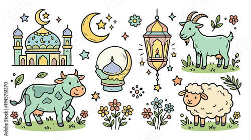 Whimsical night scene featuring animals, lanterns, celestial elements, and dreamy floral accents capturing peaceful rural