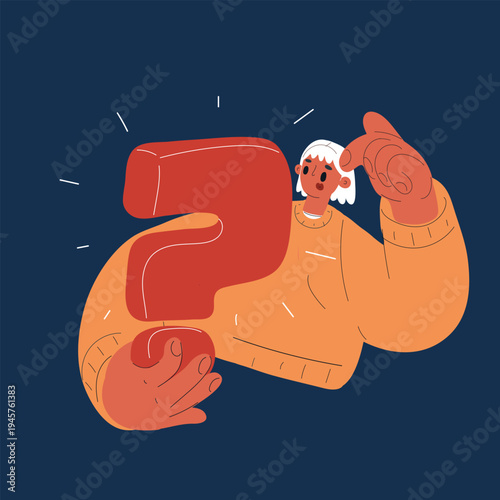 Cartoon vector illustration of a woman holding a question mark in her hands, symbolizing curiosity, inquiry, or seeking answers