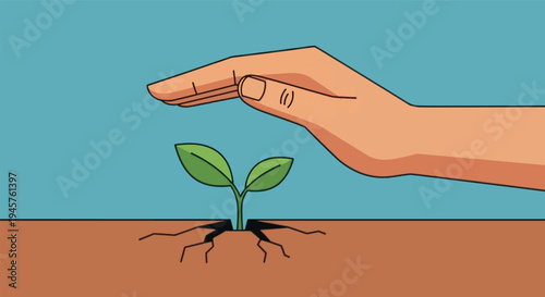 Hand Protecting a Young Green Plant Sprout Growing from Soil, Concept of Environmental Care Growth Sustainability and Investment Protection