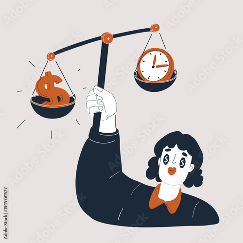 Cartoon vector illustration of a woman holding scales with a dollar sign on one side and a clock on the other, symbolizing balancing time and money