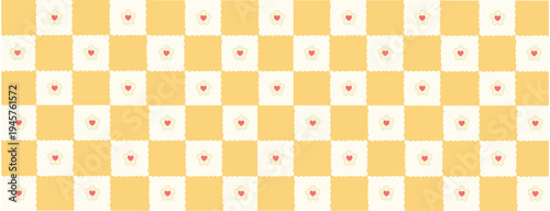 Yellow and cream checkerboard pattern with small red hearts with valentines day with flat design with surface design