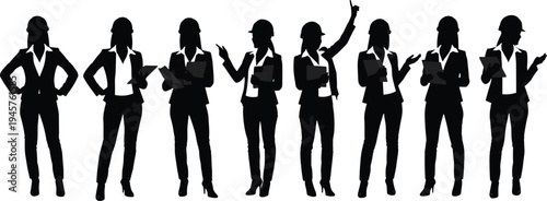 Black silhouette icons of female engineers wearing hard hats, business women in construction suits, professional architects and site managers set on white background for industry.