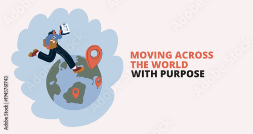 Cartoon vector illustration of a woman running across a globe with location pins, symbolizing travel, global journey, or exploration