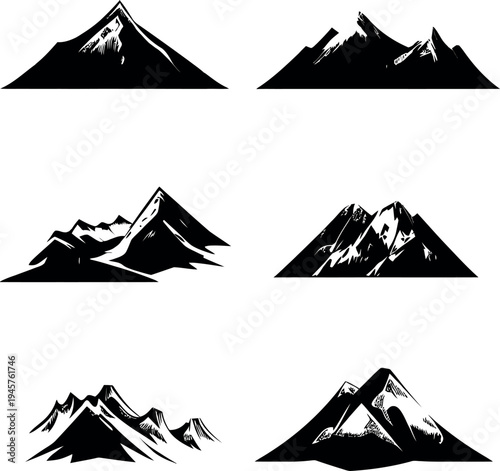 Black and White Mountain Silhouette Vector Illustrations Set for Logo and Graphic Design Elements