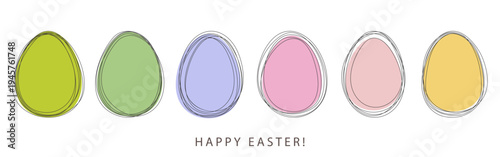 Easter eggs illustration with hand-drawn line contours and pastel fills, Happy Easter holiday banner template for greeting card, spring poster, social media, seasonal packaging or web design