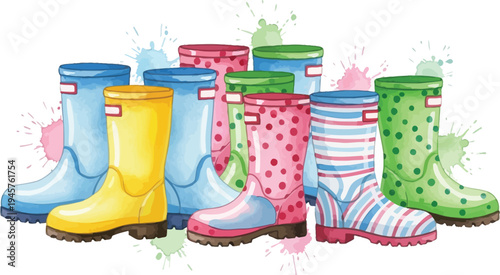 A colorful illustration of various rain boots with different patterns and colors.