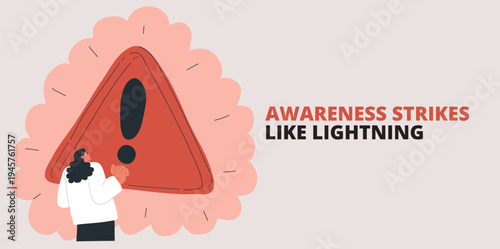 Cartoon vector illustration of a woman looking at a red warning triangle with an exclamation mark, symbolizing caution, danger, or alert