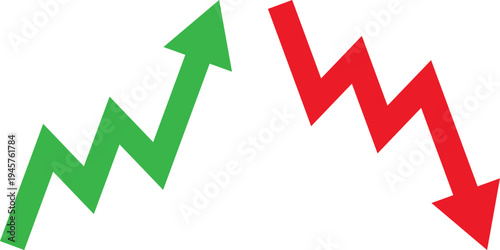 Graphic illustration of upward and downward market trends with contrasting arrows