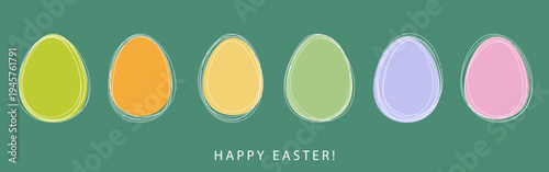 Easter eggs illustration with pastel hand-drawn outlines on green background, Happy Easter holiday banner template for greeting card, spring poster, social media, seasonal packaging or web design