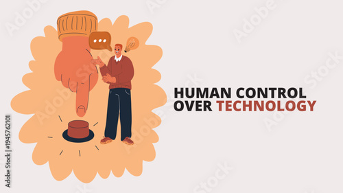 Cartoon vector illustration of a man standing next to a giant hand pressing a button, symbolizing decision, action, or initiation