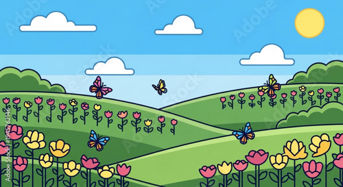 Colorful cartoon landscape with rolling green hills vibrant tulips butterflies sunny sky and fluffy white clouds in a serene natural setting