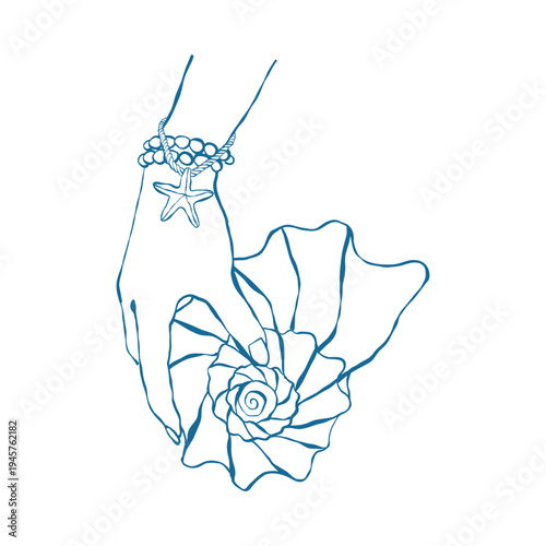 Outline illustration of a womans hand with pearl bracelets holding a large seashell. The clip art features a coastal retro style and is blue in color. Vector illustration for weddings, birthdays, and
