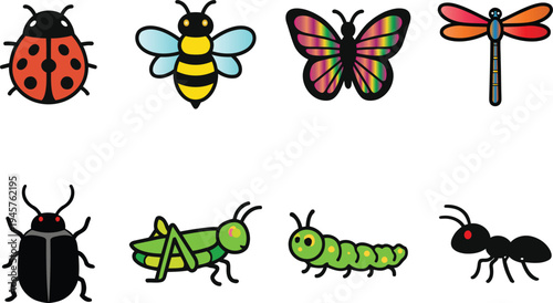 Funny cartoon insect collection featuring a cute bee, butterfly, and ladybug in a nature-themed vector illustration set of bugs, beetles, and spiders