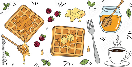 Waffles with butter, honey dipper, raspberries and coffee breakfast set hand drawn food vector illustration