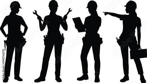 Female construction worker silhouettes set, professional builders wearing safety helmets and tool belts, industrial labor workforce concept, engineering team vector illustration