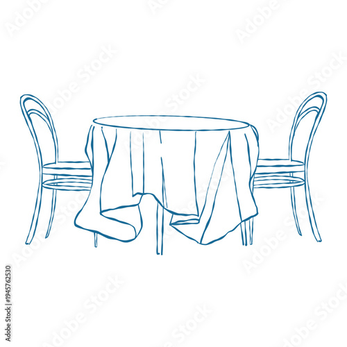 A whimsical, hand-drawn illustration of a dining set. A classic vintage round table with a tablecloth and two chairs. Romantic dinner. Vector outline illustration in blue