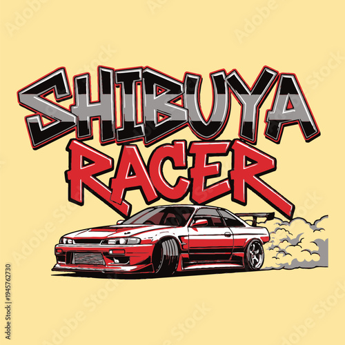 Shibuya Racer logo with a red sports car and smoke trails on a yellow background tshirt design