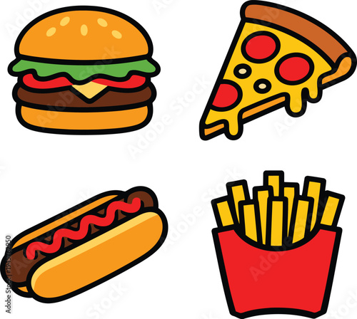 Gemini said

A colorful vector illustration set featuring fast food icons like a hamburger with cheese and lettuce, salty fries, a hot pizza slice, and a cartoon meal drink for a quick snack lunch
