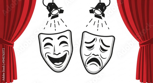 Theatrical comedy and tragedy masks with spotlights on stage with red curtains symbolizing drama and performance
