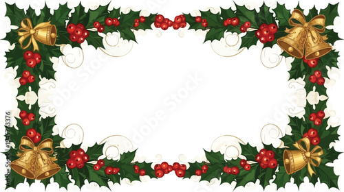 A festive Christmas frame decorated with holly, red berries, and golden bells on a white background.